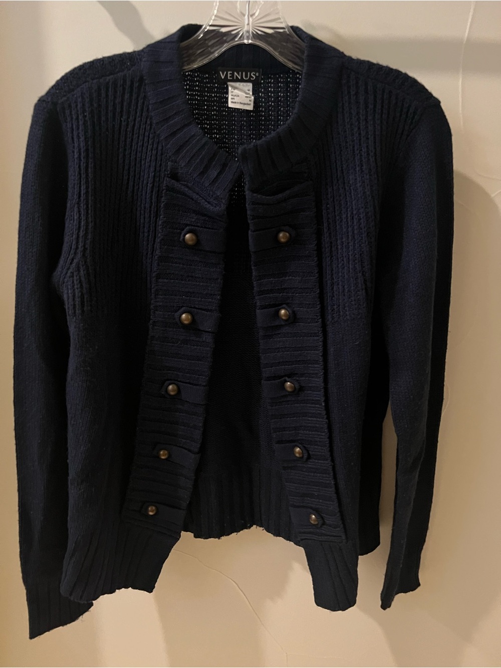 VENUS Navy Double-Row Button Ribbed Cardigan
